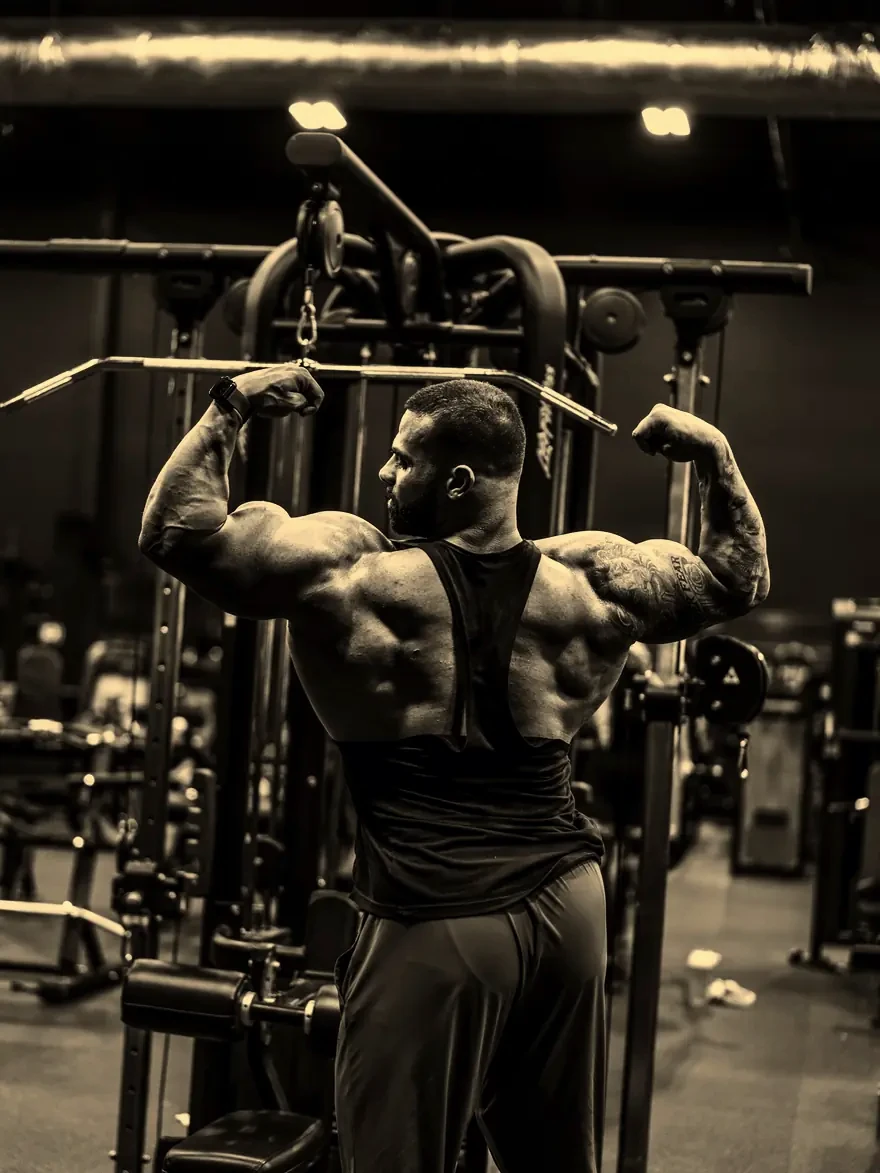 Justin holding a back double biceps pose at the cable machine