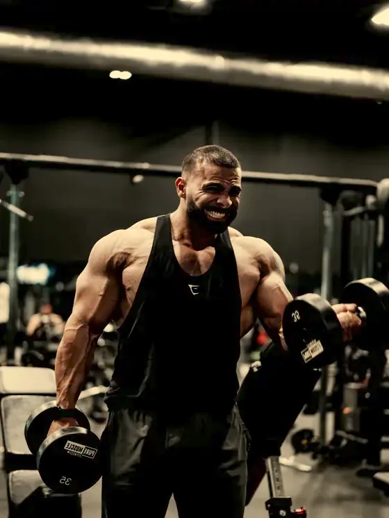 Justin mid-set on dumbbell curls